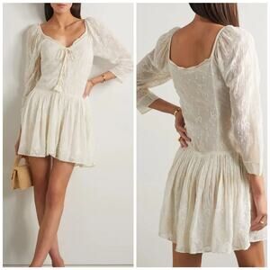 NWT Loveshackfancy Deeba Embroidered Chiffon Cream Mini Dress $395 Sz 6